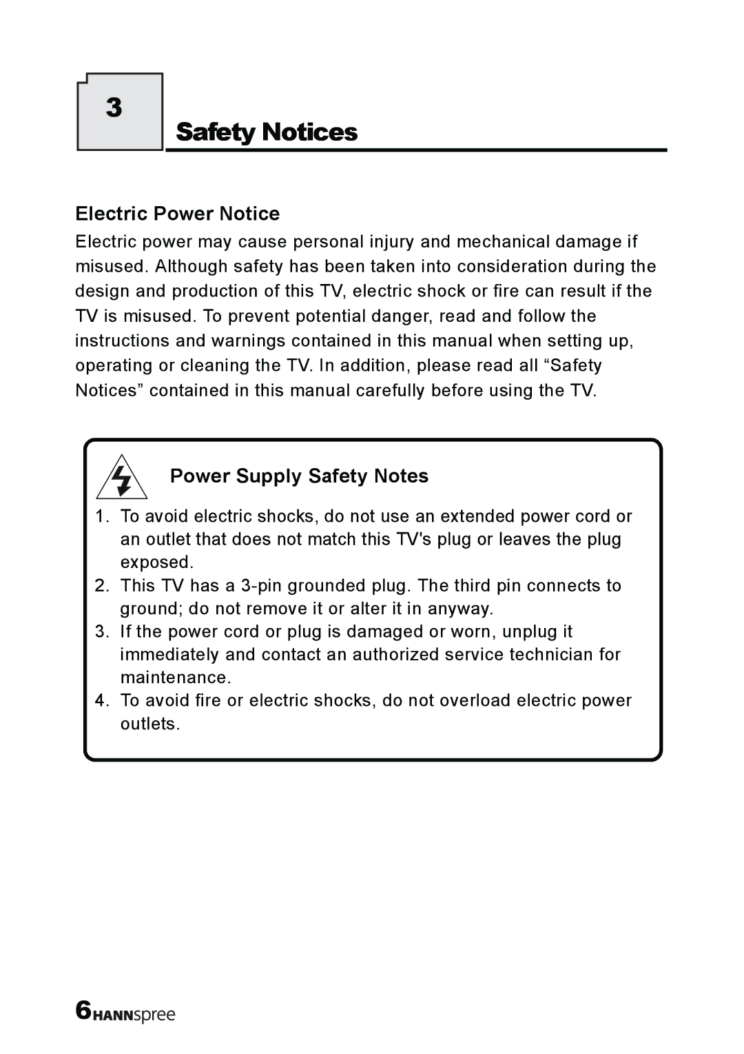 HANNspree T232 user manual Electric Power Notice, Power Supply Safety Notes 