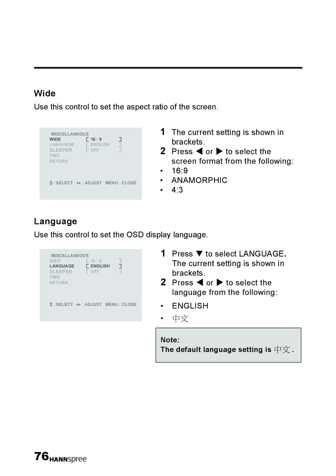 HANNspree T232 user manual Wide, Language 