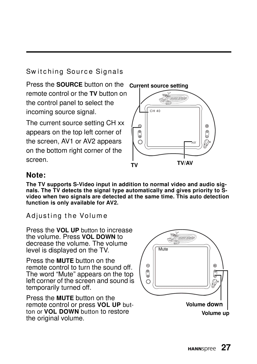 HANNspree WT04-12A1 user manual Switching Source Signals, Adjusting the Volume 