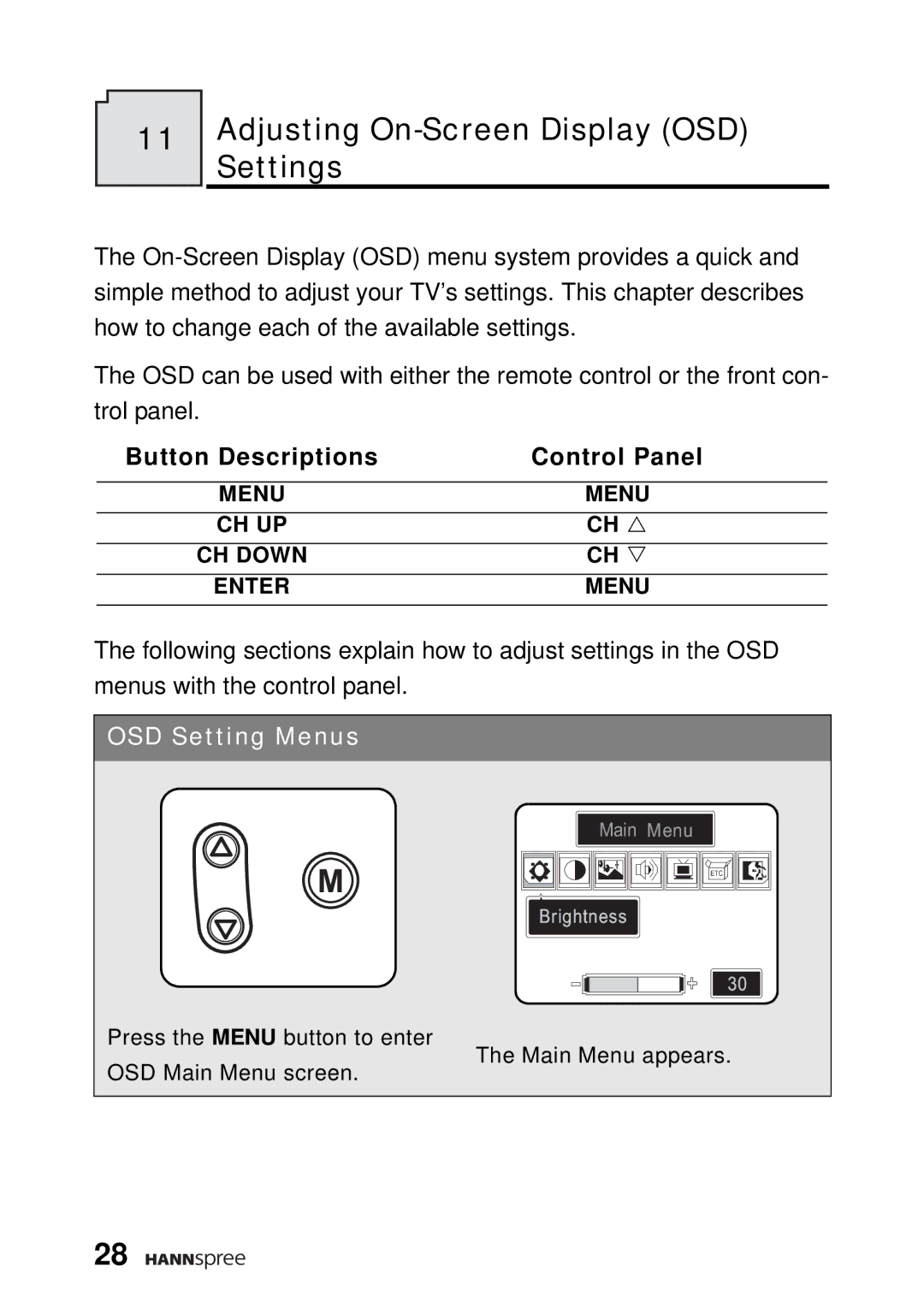 HANNspree WT04-12A1 user manual Adjusting On-Screen Display OSD, Settings, Button Descriptions Control Panel 