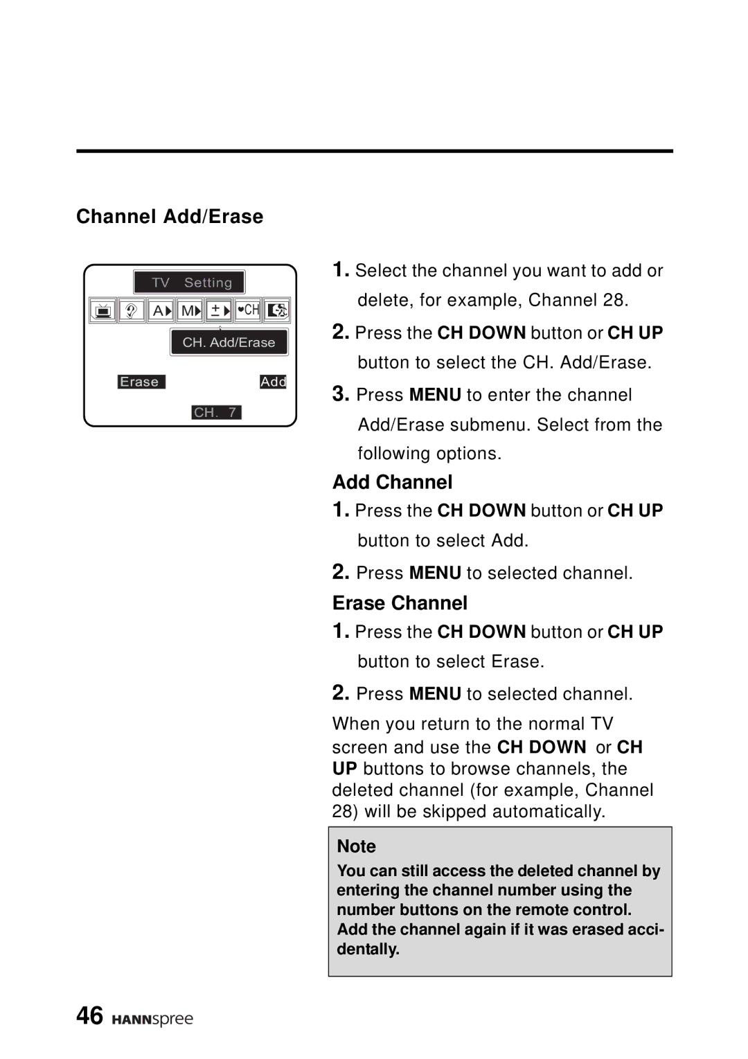 HANNspree WT04-12A1 user manual Channel Add/Erase, Add Channel, Erase Channel 