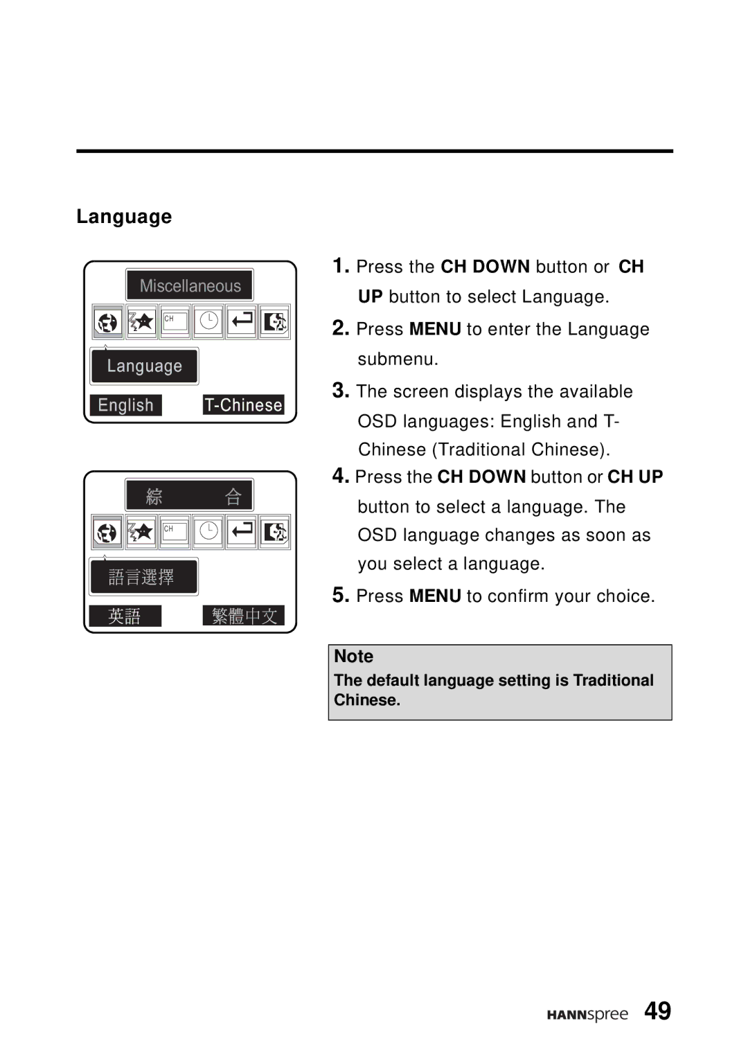 HANNspree WT04-12A1 user manual Language, English T-Chinese 