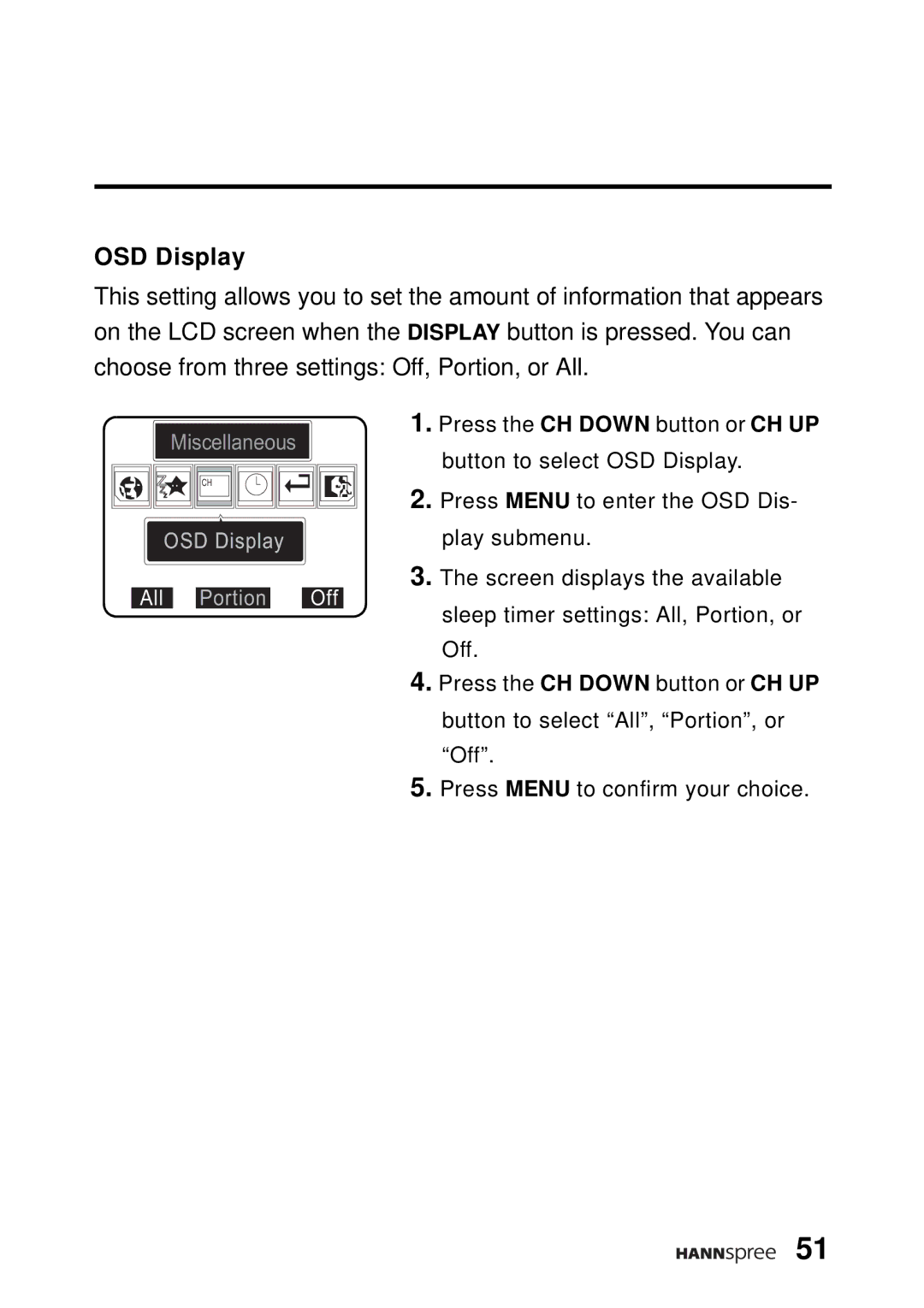 HANNspree WT04-12A1 user manual OSD Display, All Portion Off 