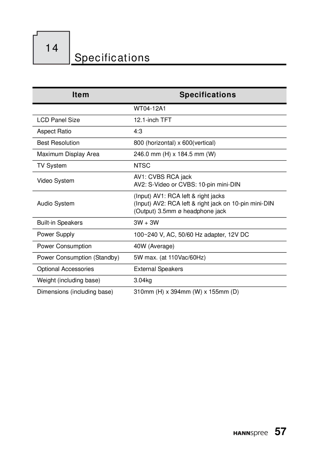 HANNspree WT04-12A1 user manual Specifications 