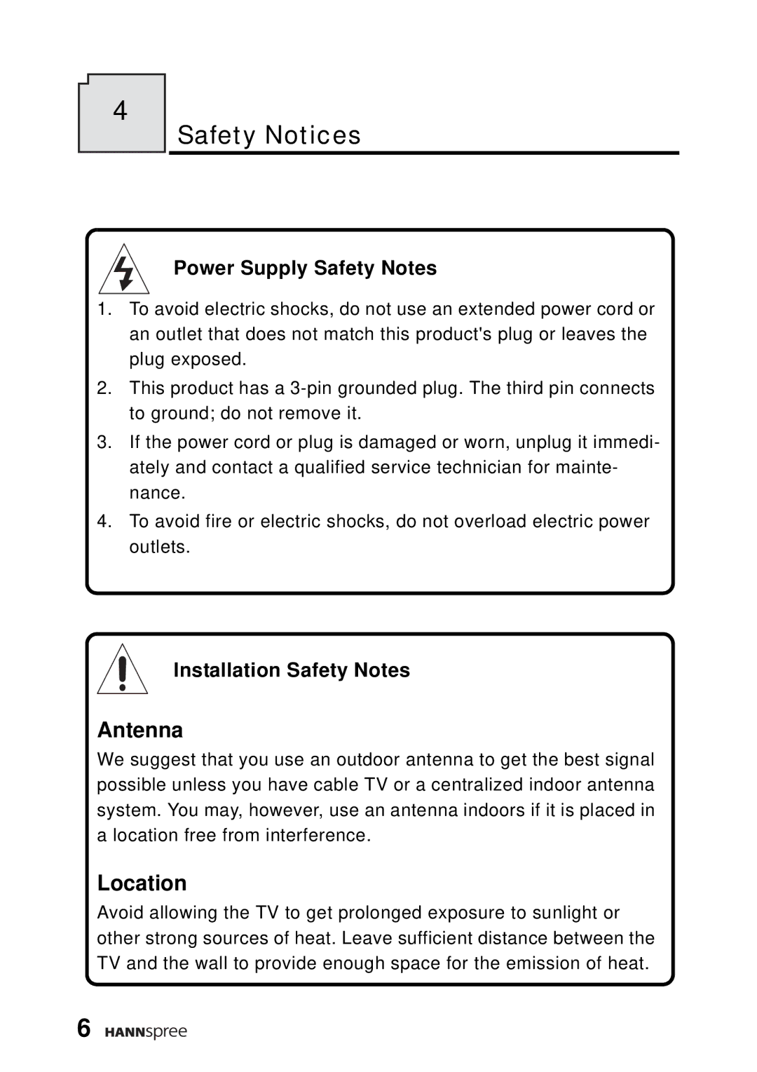 HANNspree WT04-12A1 user manual Safety Notices, Power Supply Safety Notes, Installation Safety Notes 