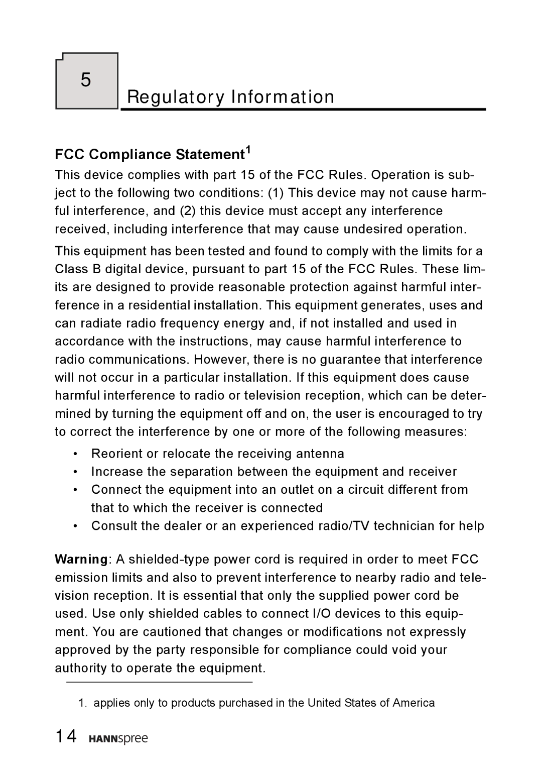 HANNspree WT0C-15A1 manual Regulatory Information, FCC Compliance Statement1 