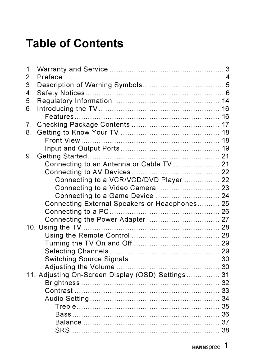 HANNspree WT0C-15A1 manual Table of Contents 