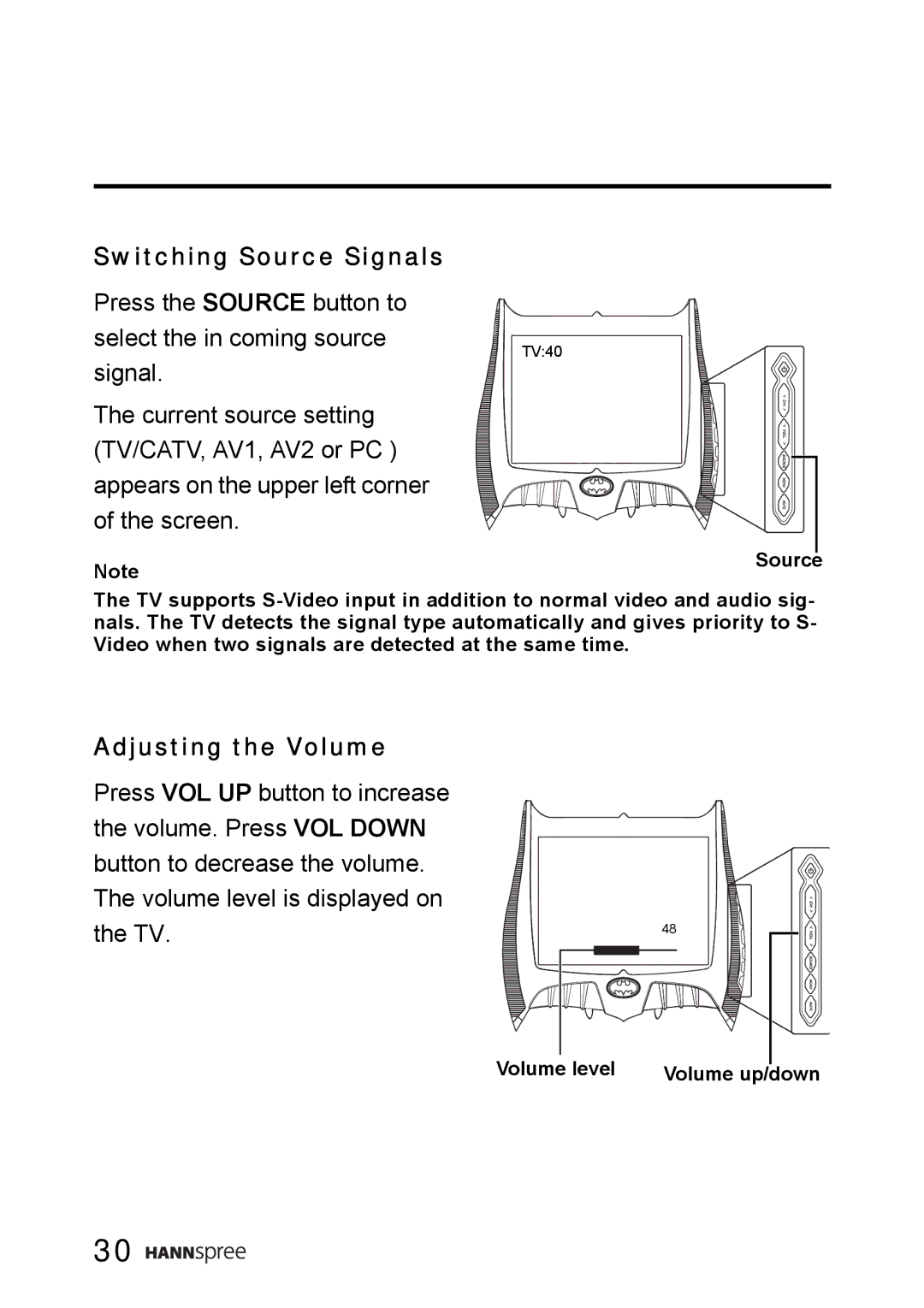 HANNspree WT0C-15A1 manual Switching Source Signals, Adjusting the Volume 