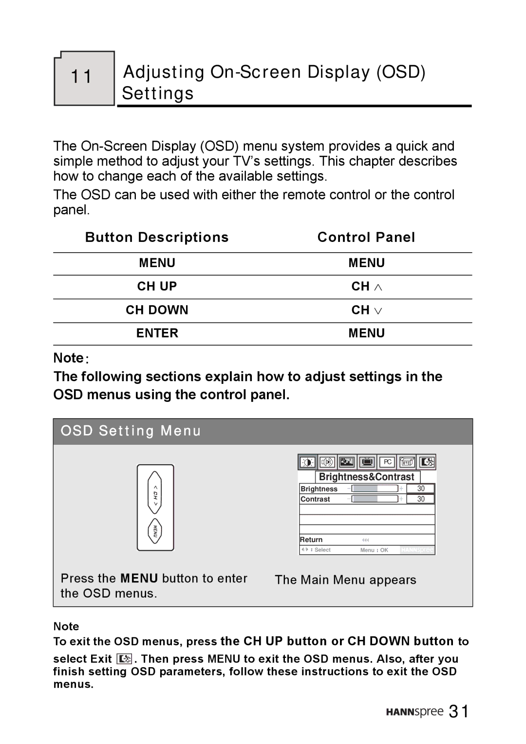 HANNspree WT0C-15A1 manual Adjusting On-Screen Display OSD Settings, Button Descriptions Control Panel 