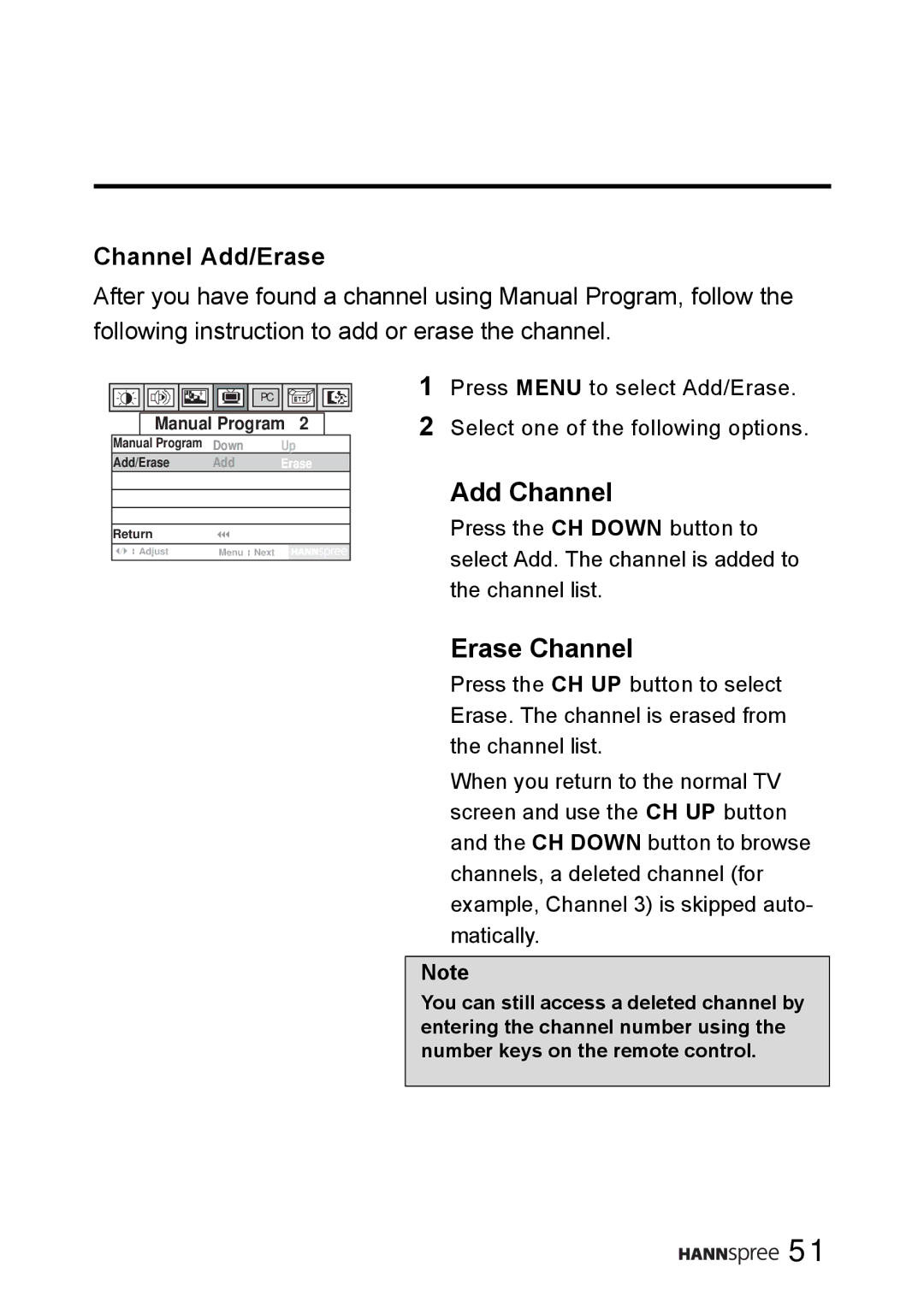 HANNspree WT0C-15A1 manual Erase Channel, Channel Add/Erase 