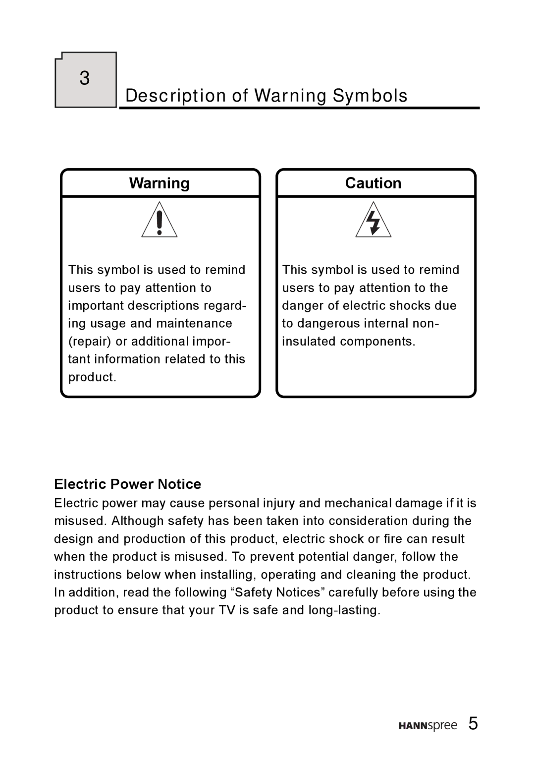 HANNspree WT0C-15A1 manual Description of Warning Symbols, Electric Power Notice 