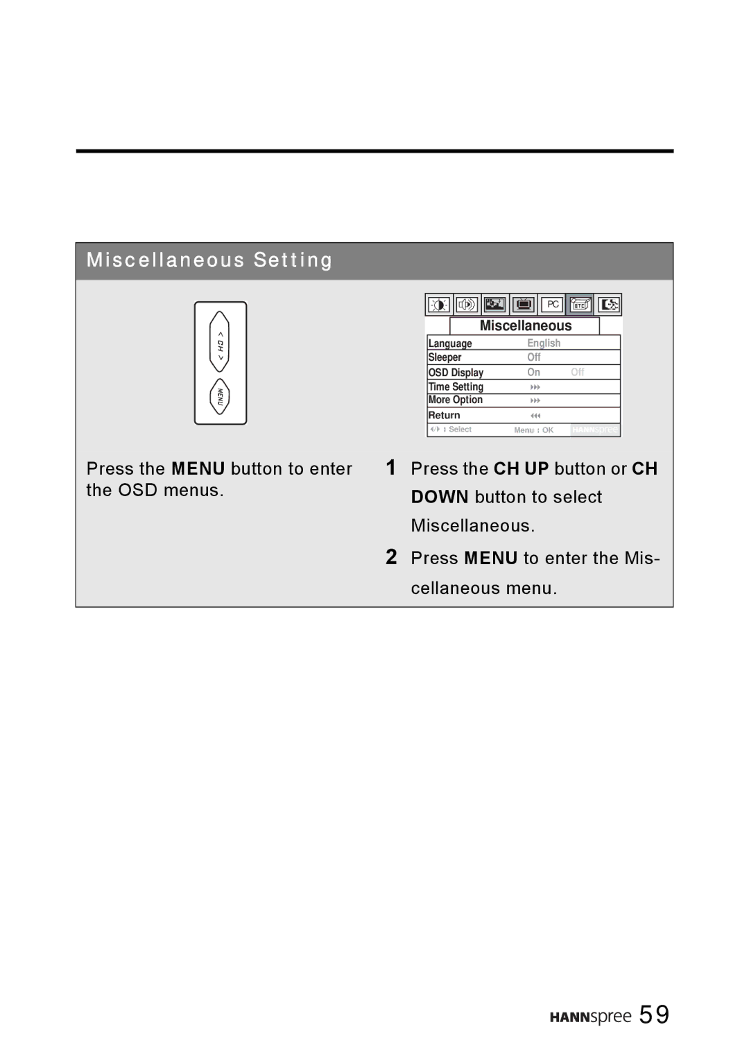 HANNspree WT0C-15A1 manual Miscellaneous Setting 