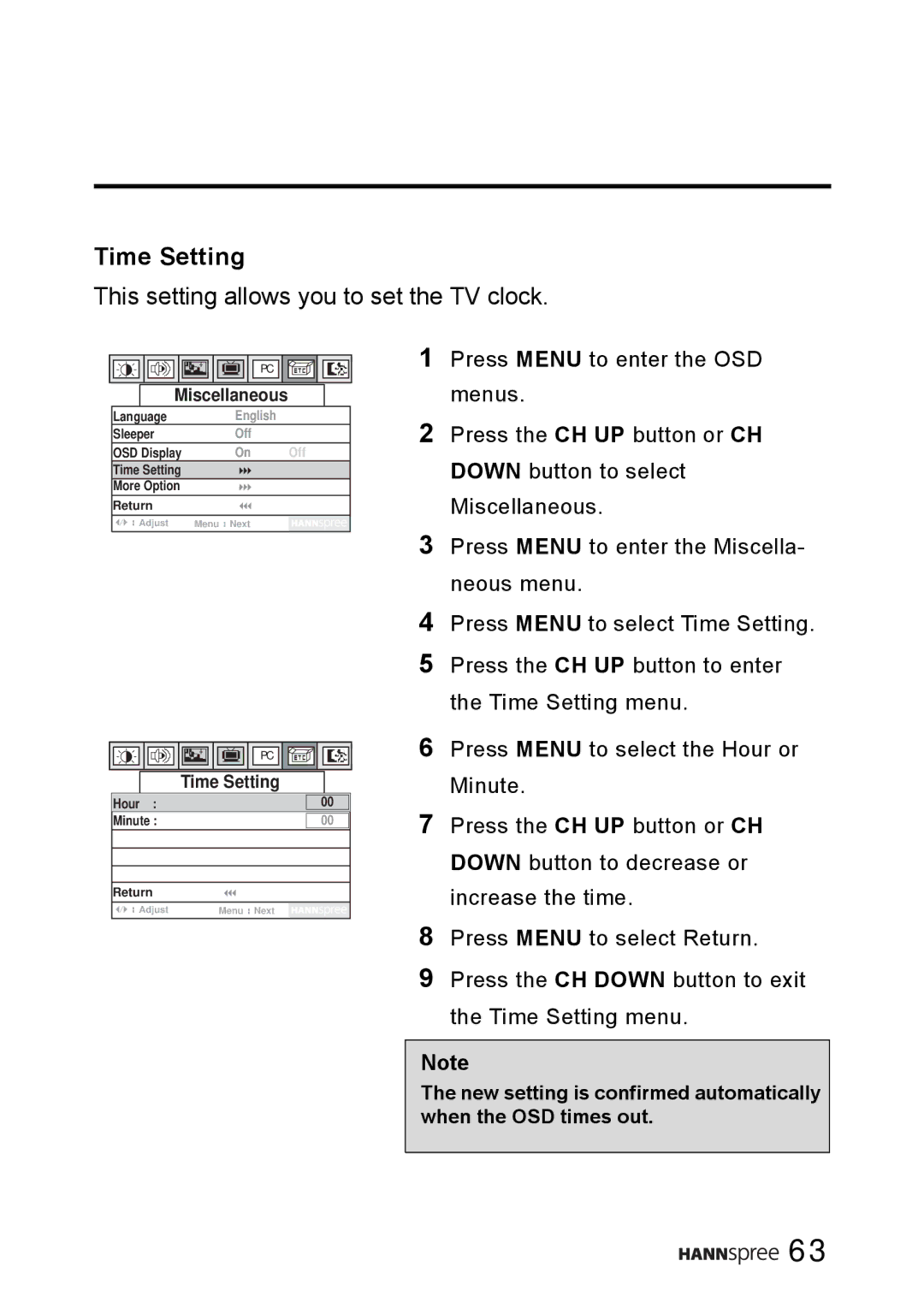 HANNspree WT0C-15A1 manual Time Setting, This setting allows you to set the TV clock 