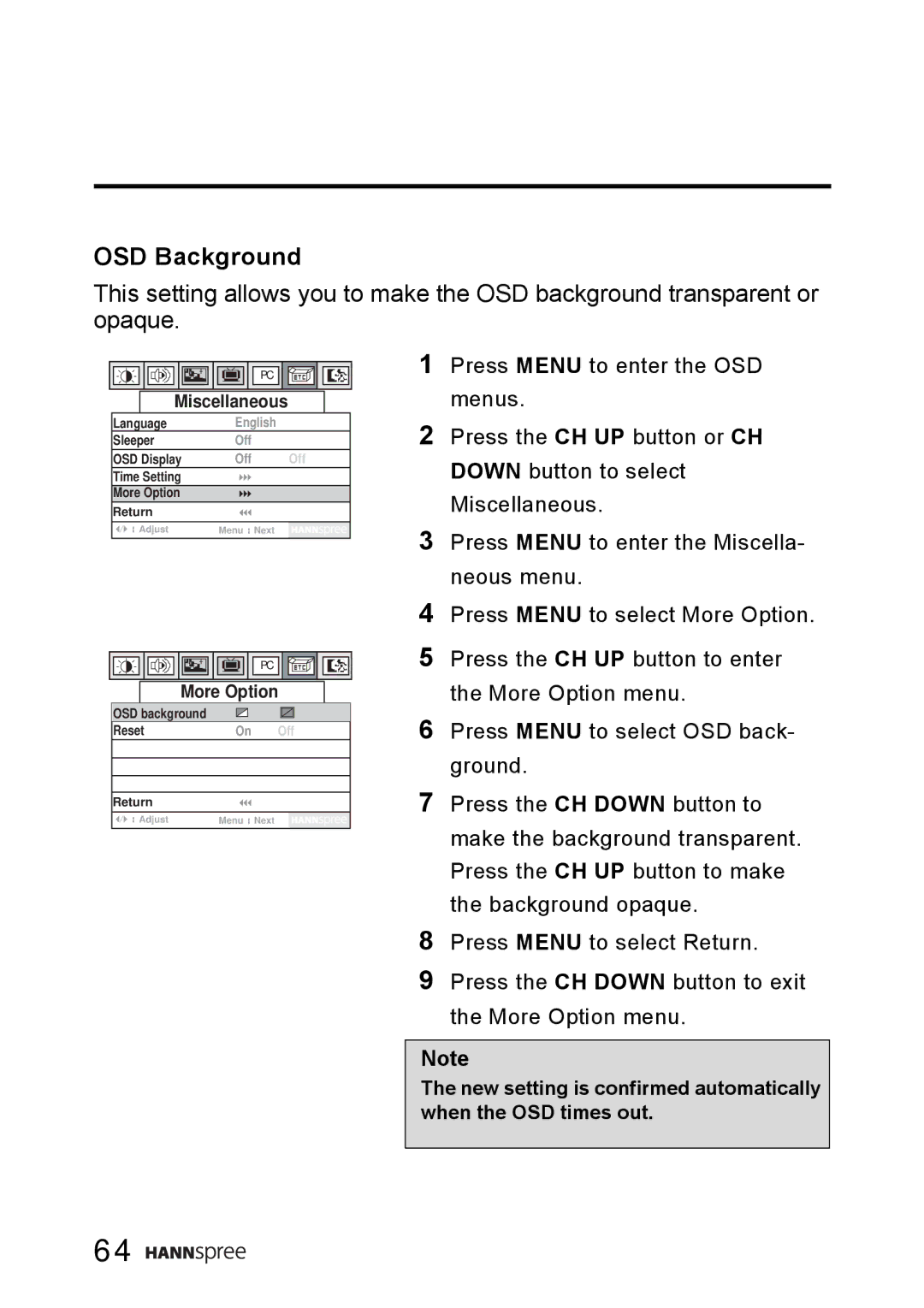 HANNspree WT0C-15A1 manual OSD Background 