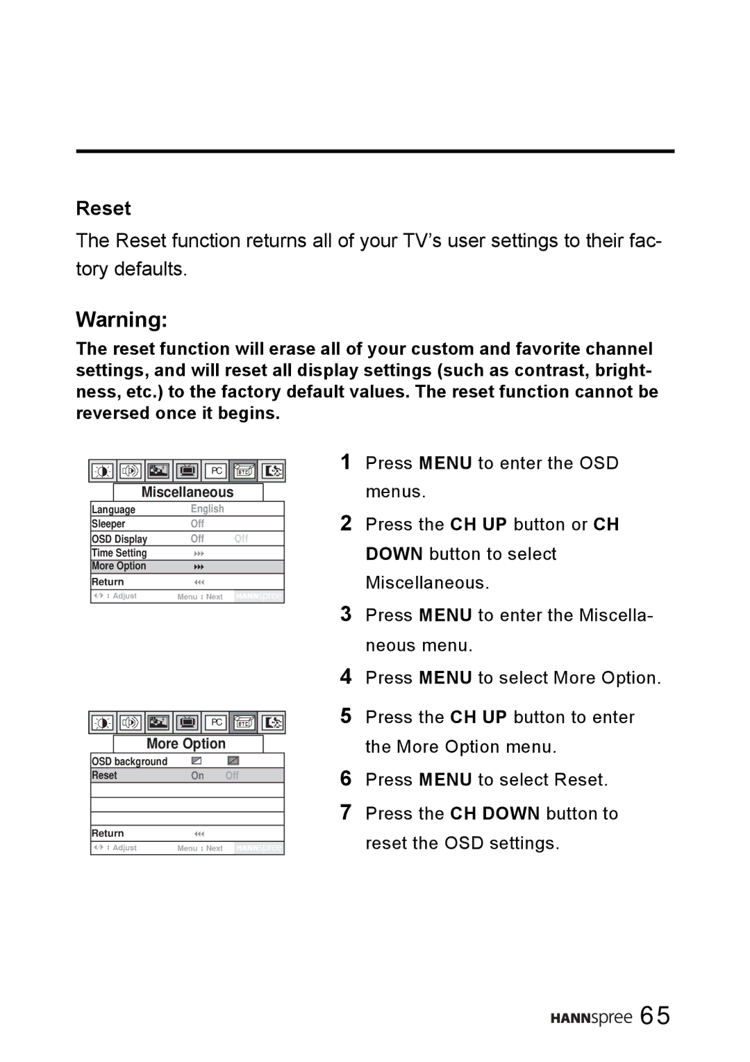 HANNspree WT0C-15A1 manual Reset 