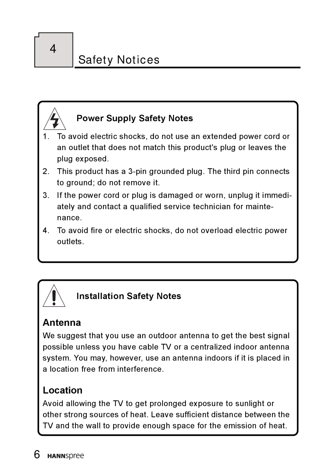 HANNspree WT0C-15A1 manual Safety Notices, Power Supply Safety Notes, Installation Safety Notes 