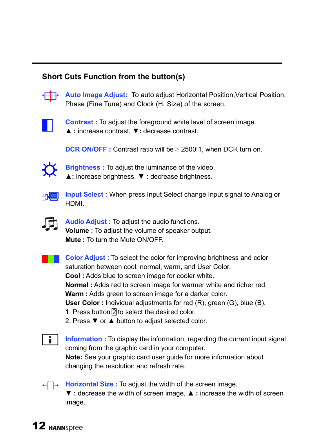 HANNspree XM manual Short Cuts Function from the buttons 