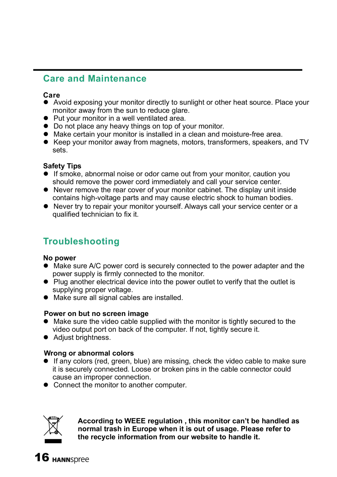 HANNspree XM manual Care and Maintenance, Troubleshooting 