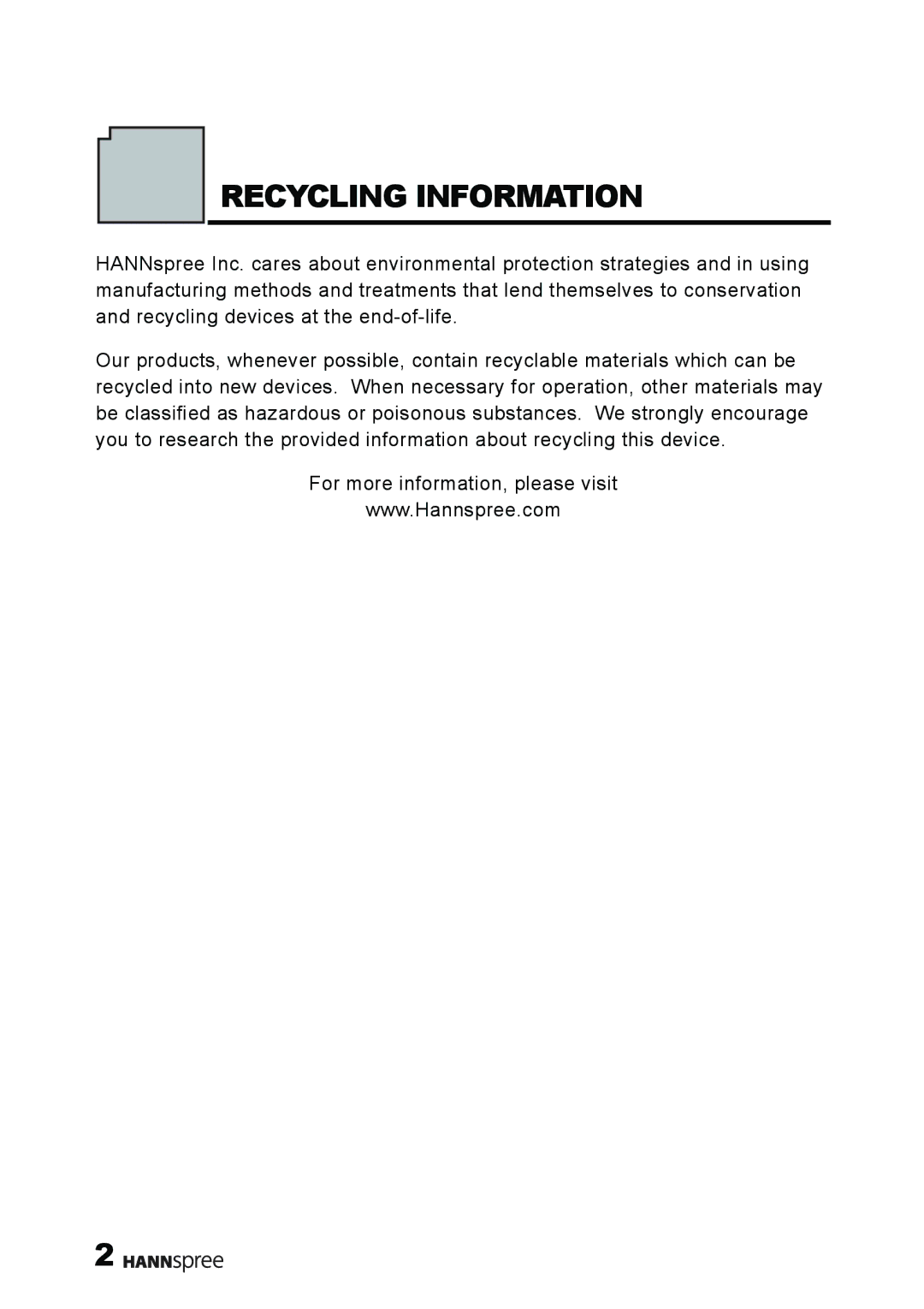 HANNspree XM manual Recycling Information 