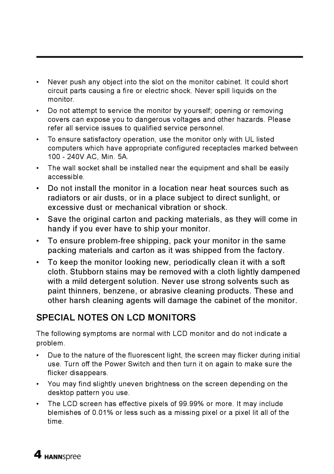 HANNspree XM manual Special Notes on LCD Monitors 