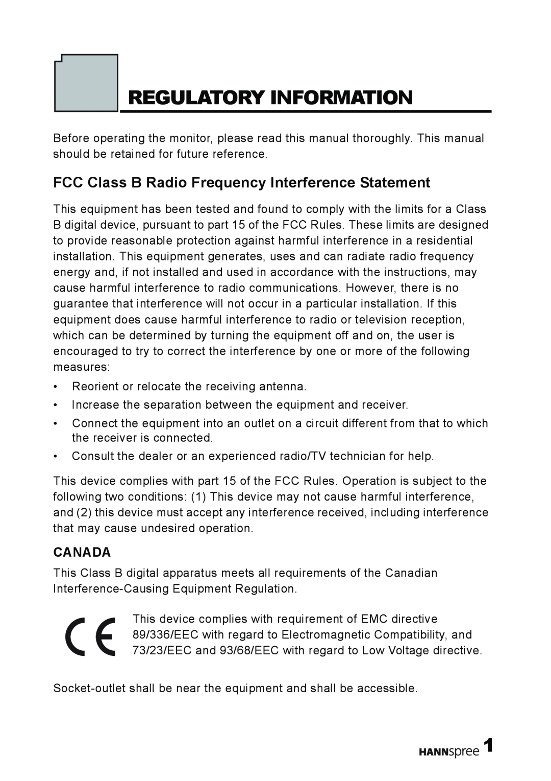 HANNspree XM manual Regulatory Information, FCC Class B Radio Frequency Interference Statement, Canada 