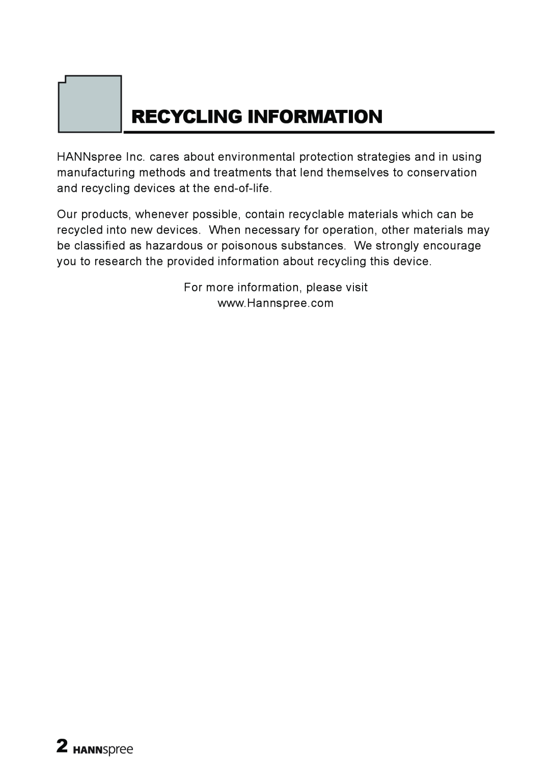 HANNspree XM manual Recycling Information 