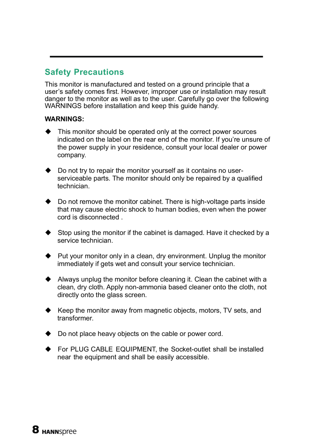 HANNspree XM manual Safety Precautions, Warnings 