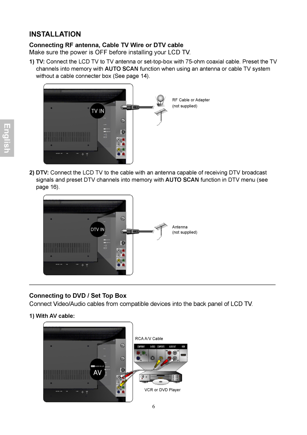 HANNspree XV Series 32 Installation, Connecting RF antenna, Cable TV Wire or DTV cable, Connecting to DVD / Set Top Box 