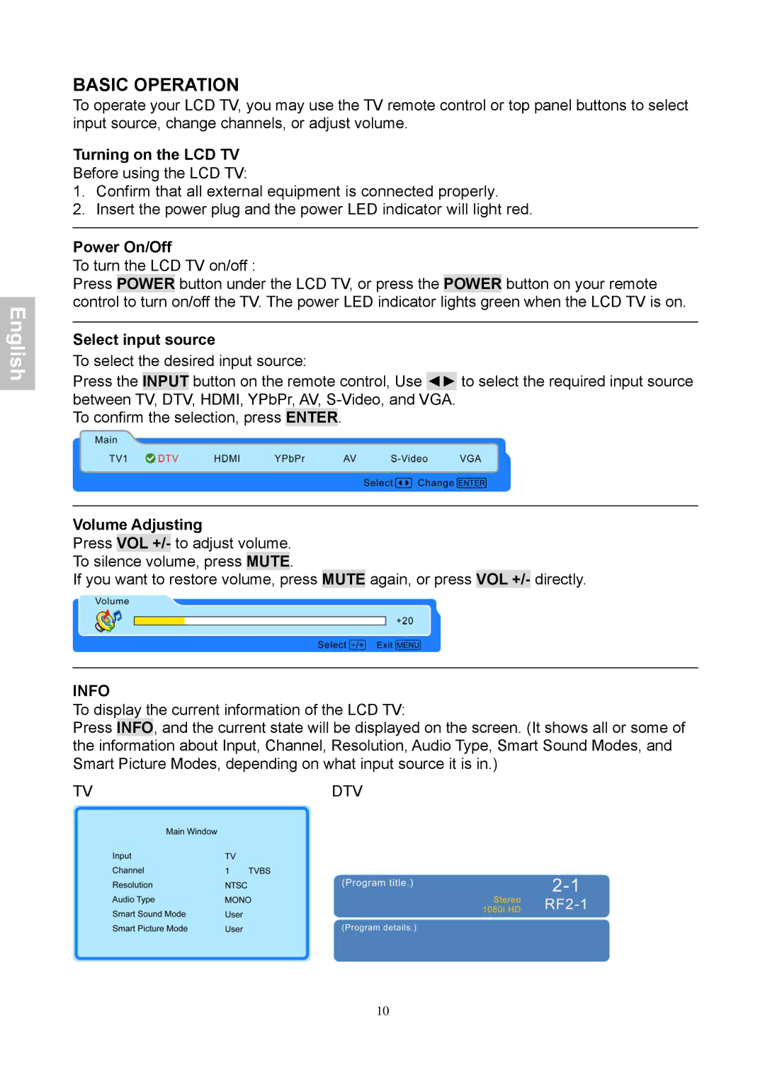 HANNspree XV Series 32 manual Basic Operation, Turning on the LCD TV, Power On/Off, Select input source, Volume Adjusting 