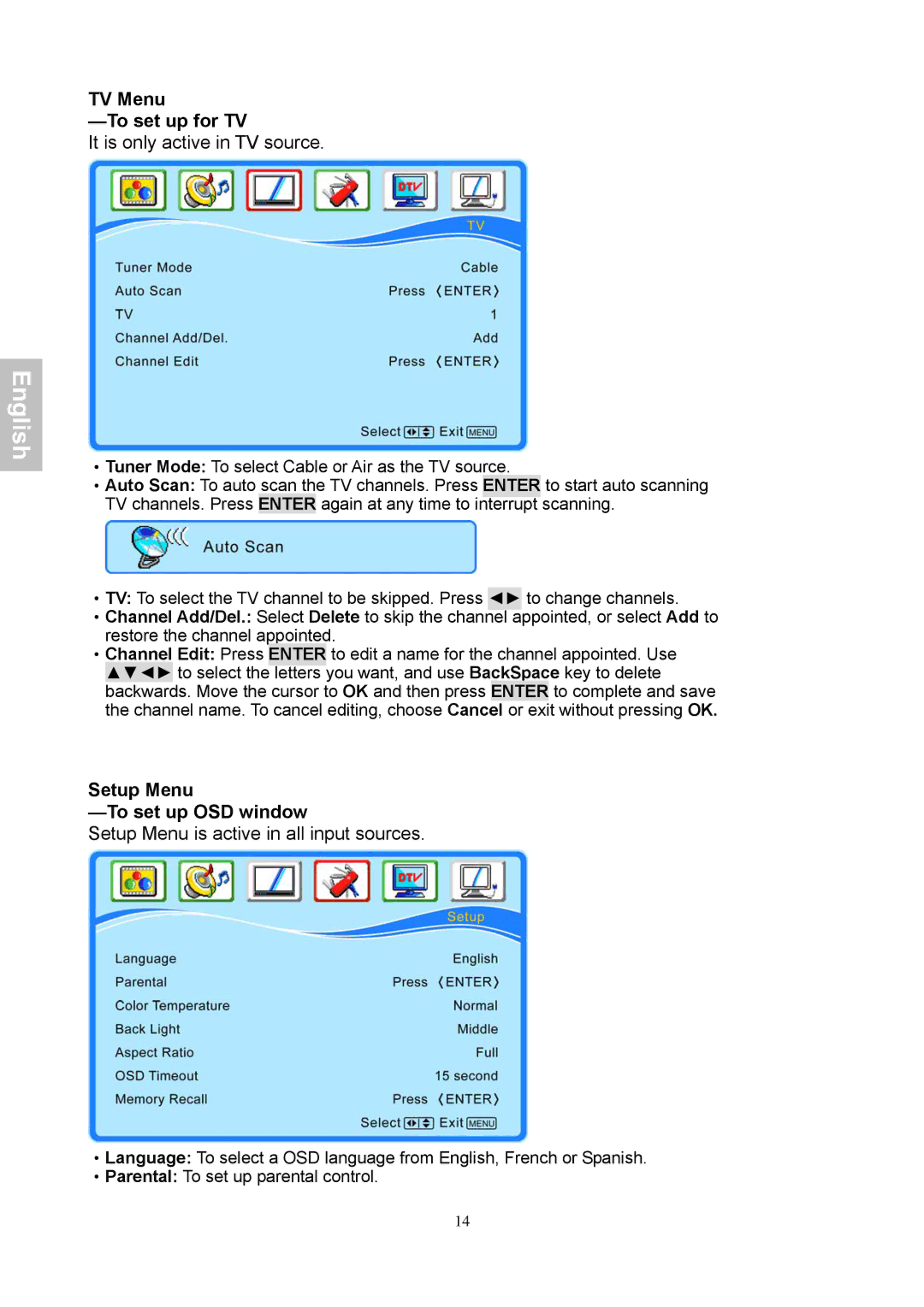 HANNspree XV Series 32 manual TV Menu To set up for TV, Setup Menu To set up OSD window 