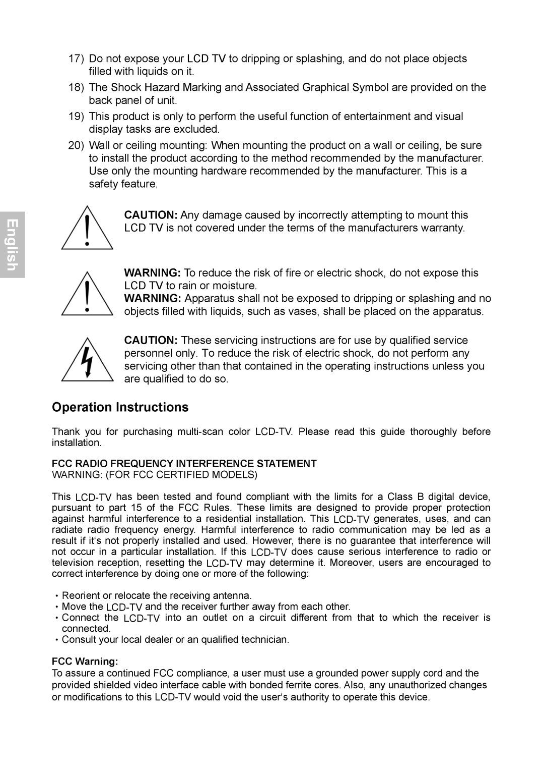 HANNspree XV Series 32 manual Operation Instructions, FCC Warning 