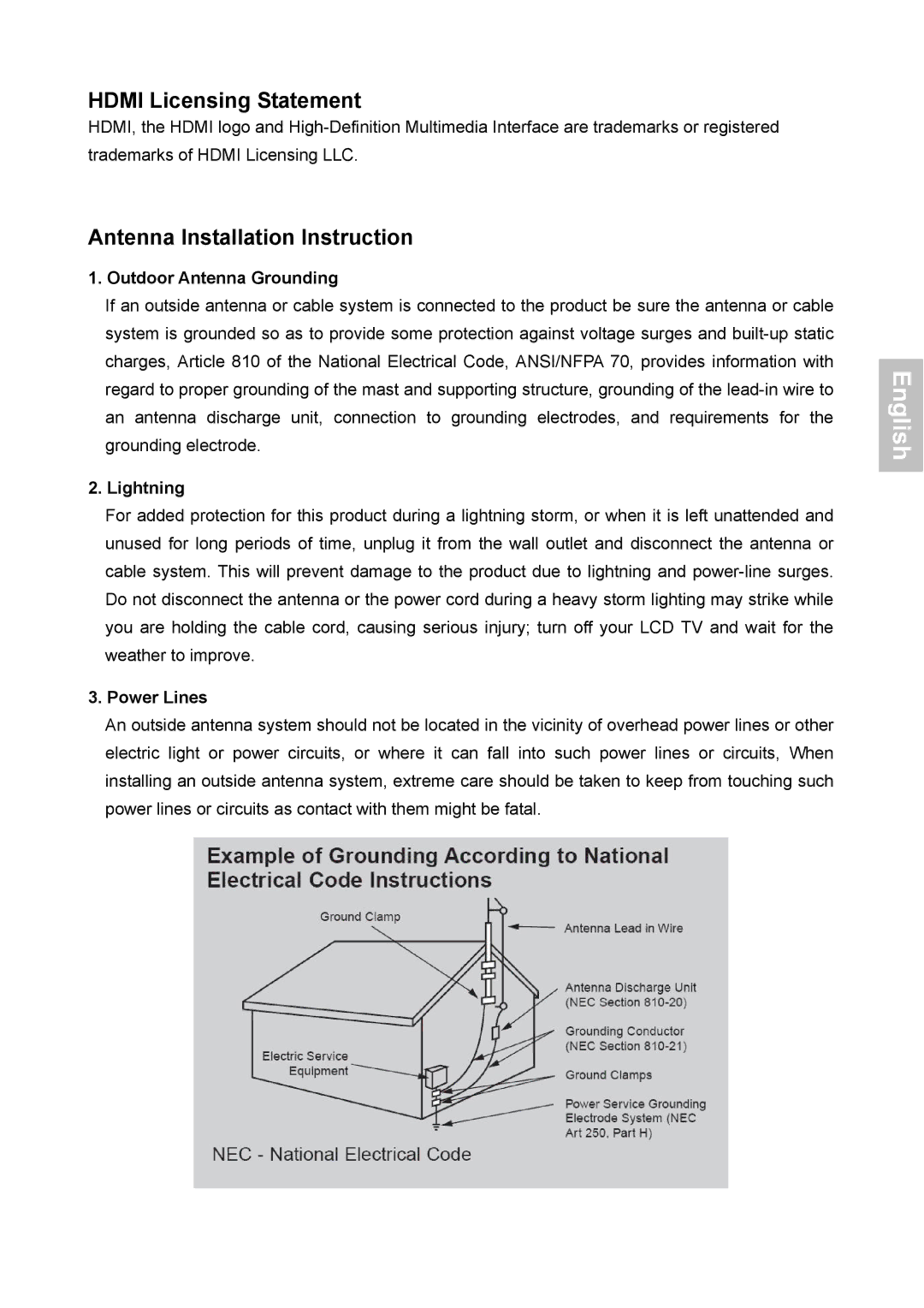 HANNspree XV Series 32 Hdmi Licensing Statement, Antenna Installation Instruction, Outdoor Antenna Grounding, Lightning 