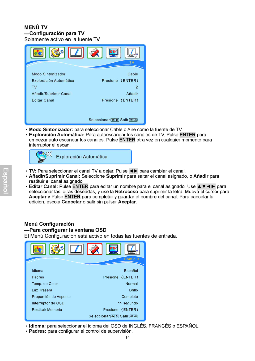 HANNspree XV Series 32 manual Menú Configuración Para configurar la ventana OSD 