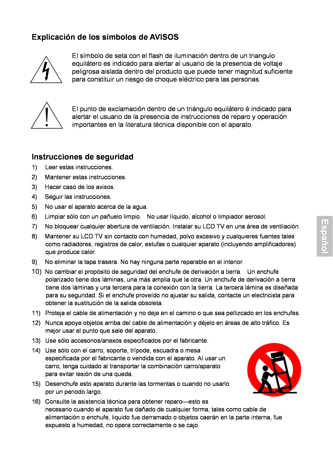 HANNspree XV Series 32 manual Español, Explicación de los símbolos de AVISOS, Instrucciones de seguridad 
