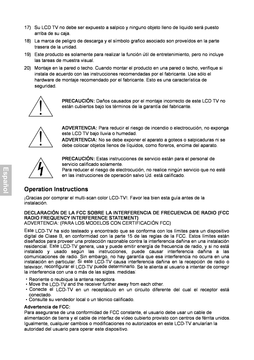 HANNspree XV Series 32 manual Español, Operation Instructions, Advertencia de FCC 