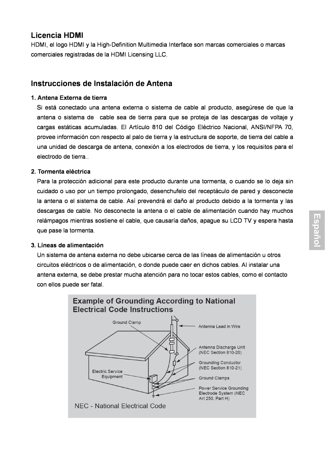 HANNspree XV Series 32 manual Licencia HDMI, Instrucciones de Instalación de Antena, Español, Antena Externa de tierra 