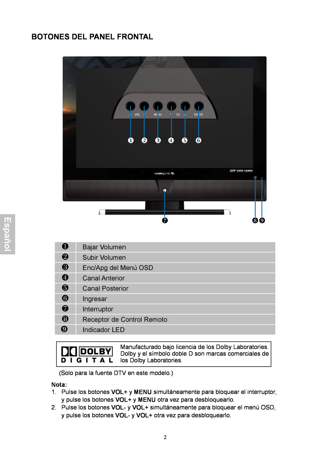 HANNspree XV Series 32 manual Botones Del Panel Frontal, Español, Bajar Volumen † Subir Volumen ‡ Enc/Apg del Menú OSD 