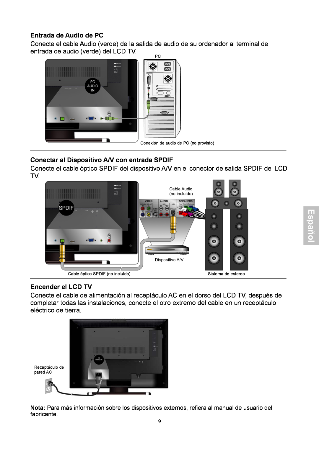 HANNspree XV Series 32 Entrada de Audio de PC, Conectar al Dispositivo A/V con entrada SPDIF, Encender el LCD TV, Español 