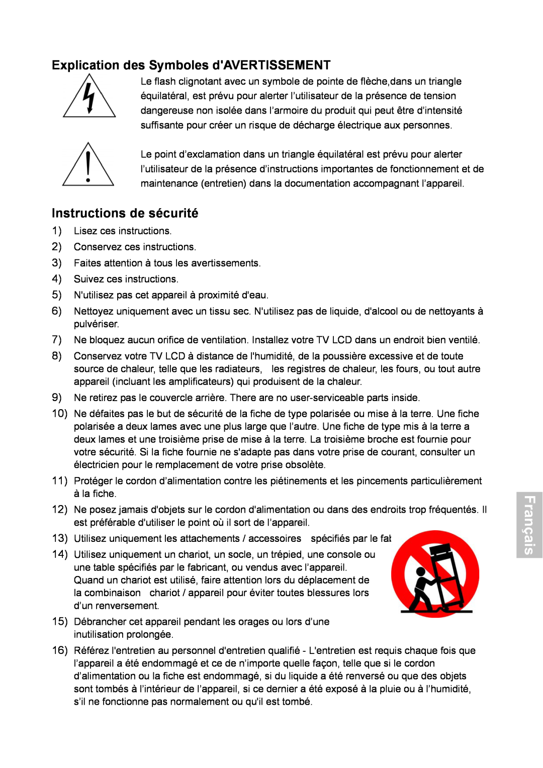 HANNspree XV Series 32 manual Français, Explication des Symboles dAVERTISSEMENT, Instructions de sécurité 