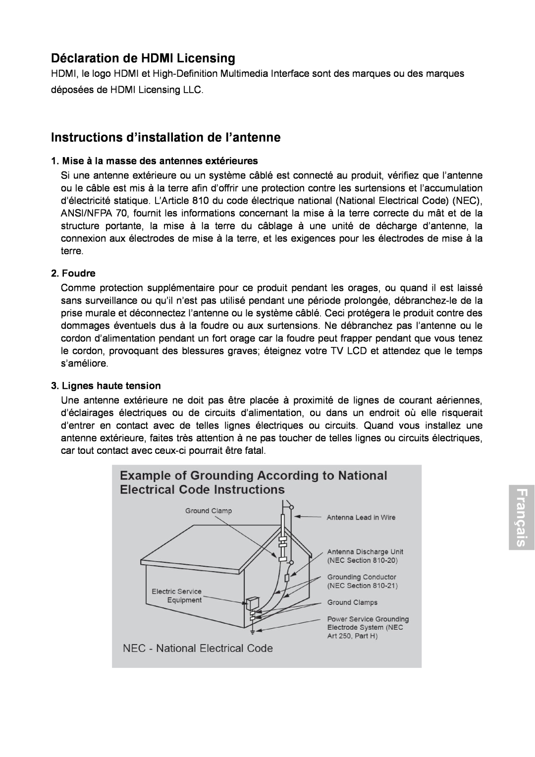 HANNspree XV Series 32 manual Déclaration de HDMI Licensing, Instructions d’installation de l’antenne, Français, Foudre 
