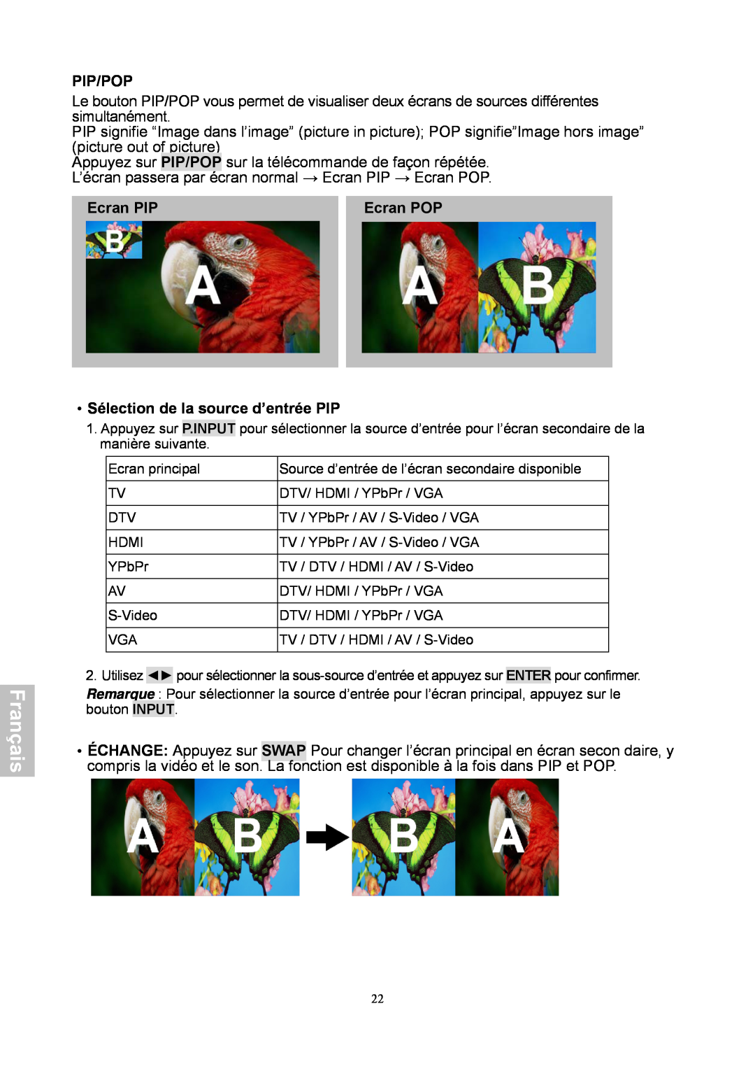 HANNspree XV Series 32 manual Ecran PIP, Ecran POP, ‧Sélection de la source d’entrée PIP, Français, Pip/Pop 