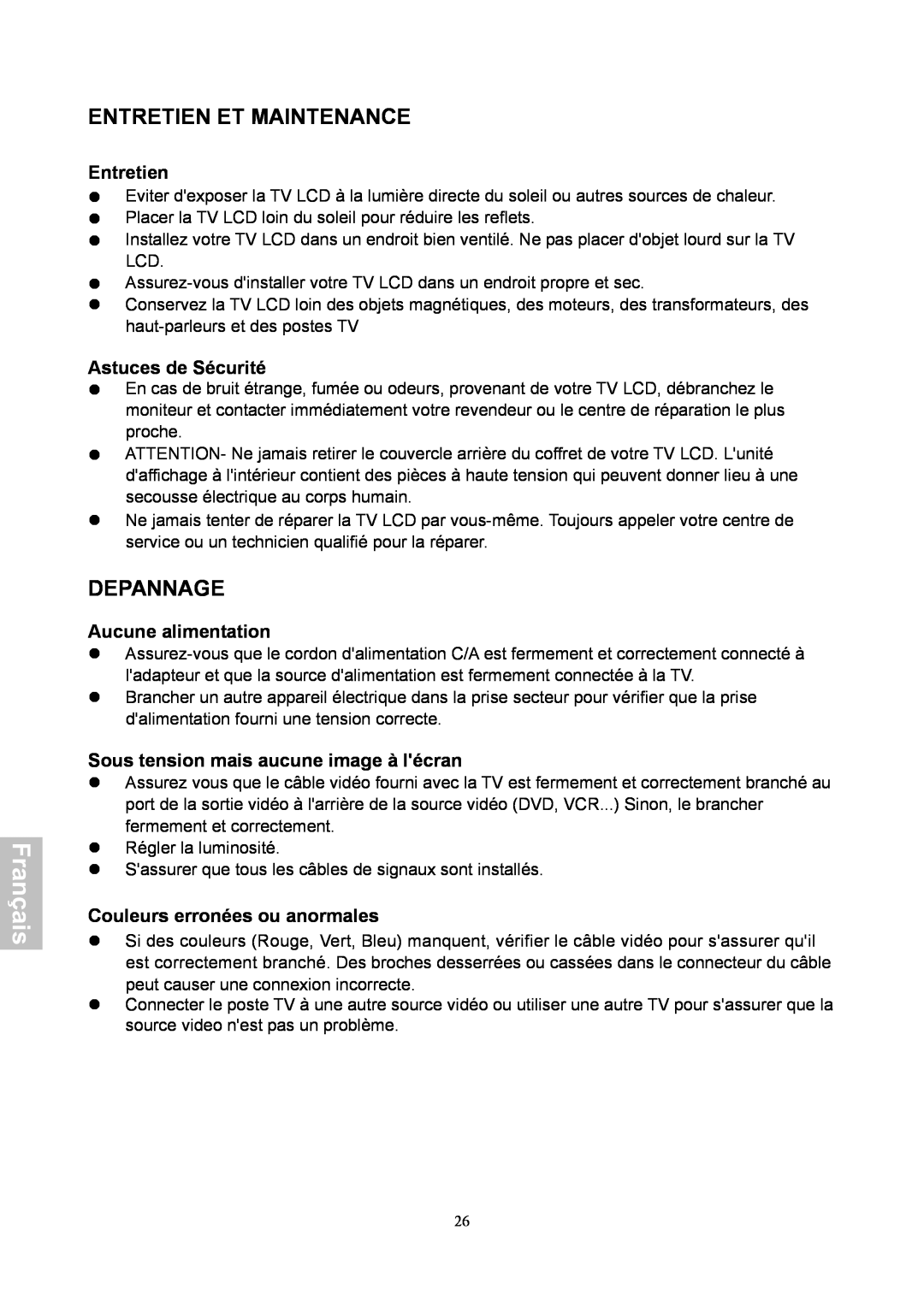 HANNspree XV Series 32 manual Entretien Et Maintenance, Depannage, Astuces de Sécurité, Aucune alimentation, Français 
