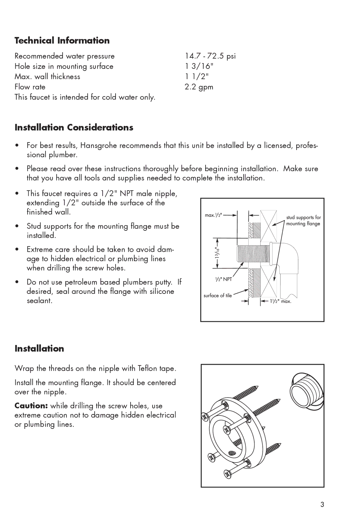 Hans Grohe 04057XX0, 04059XX0 installation instructions Technical Information, Installation Considerations 