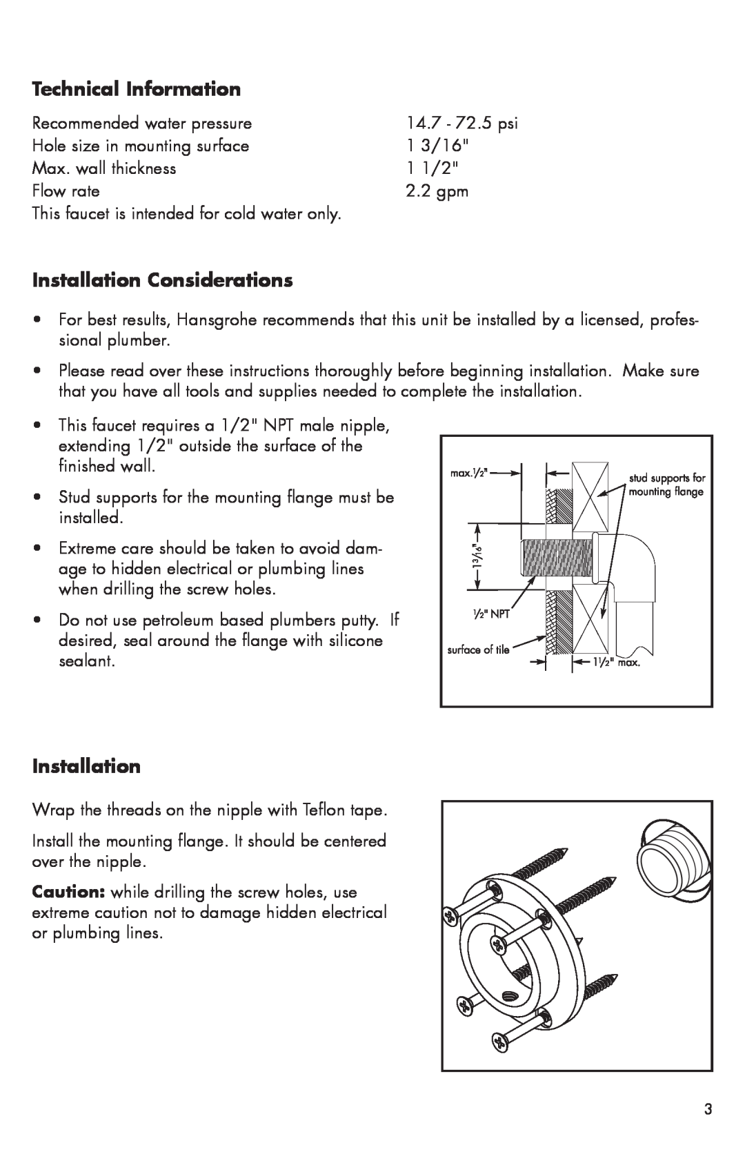 Hans Grohe 04057XX0, 04059XX0 installation instructions Technical Information, Installation Considerations 