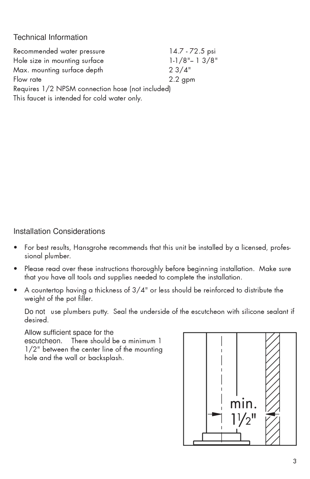 Hans Grohe 04058XX0, 04060XX0 installation instructions Technical Information, Installation Considerations 