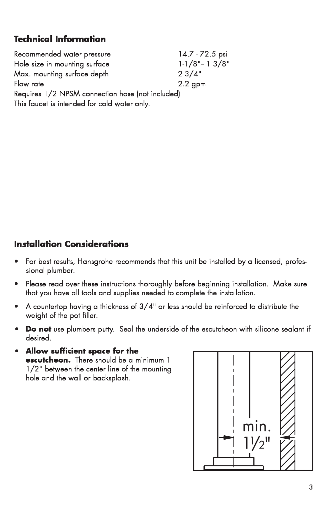 Hans Grohe 04058XX0, 04060XX0 installation instructions Technical Information, Installation Considerations 