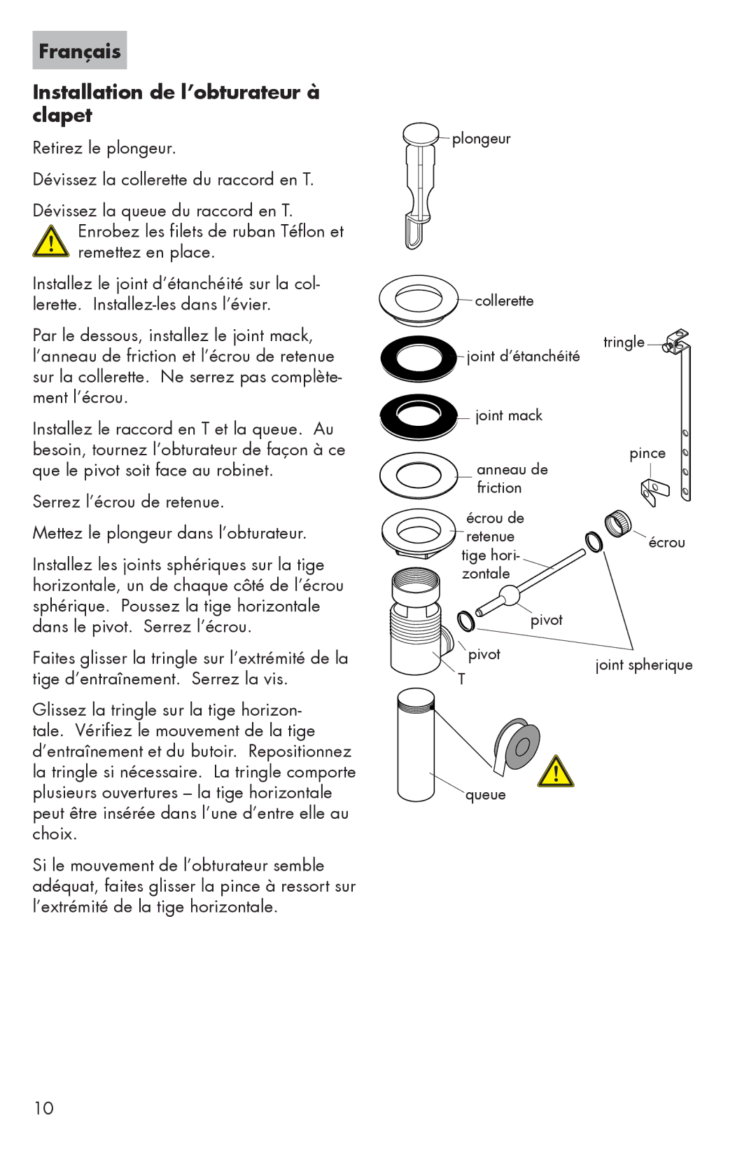 Hans Grohe 04167XX0, 04193XX0 installation instructions Français Installation de l’obturateur à clapet 