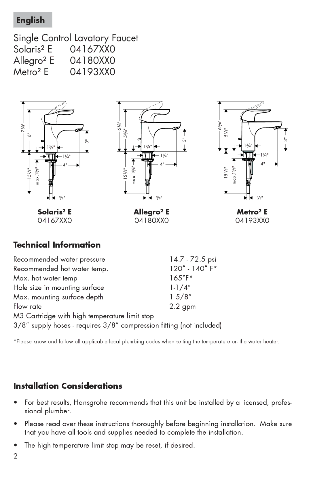 Hans Grohe 04167XX0, 04193XX0 installation instructions English, Technical Information, Installation Considerations 