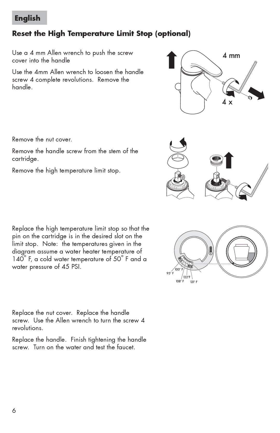 Hans Grohe 04167XX0, 04193XX0 installation instructions English Reset the High Temperature Limit Stop optional 