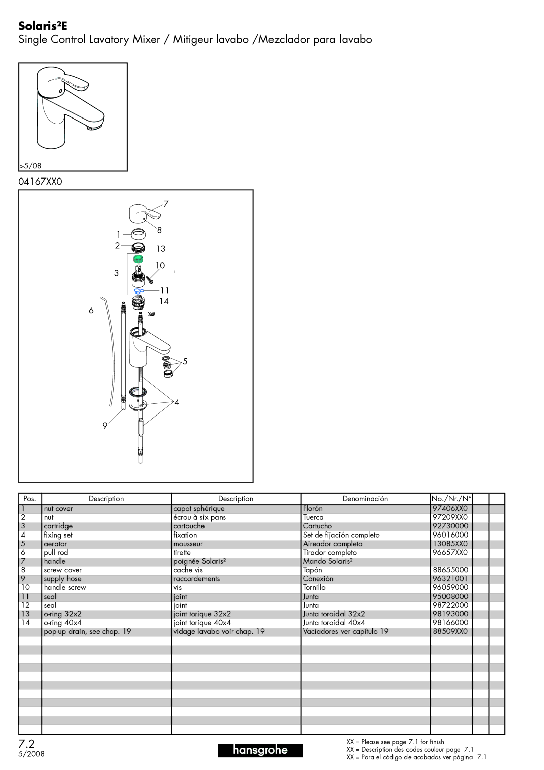 Hans Grohe 0467XX0 manual Solaris²E, 04167XX0 